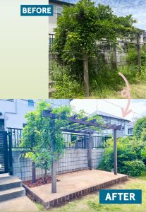 藤棚の下に木陰を利用できる素敵な休憩スペースを作りました。